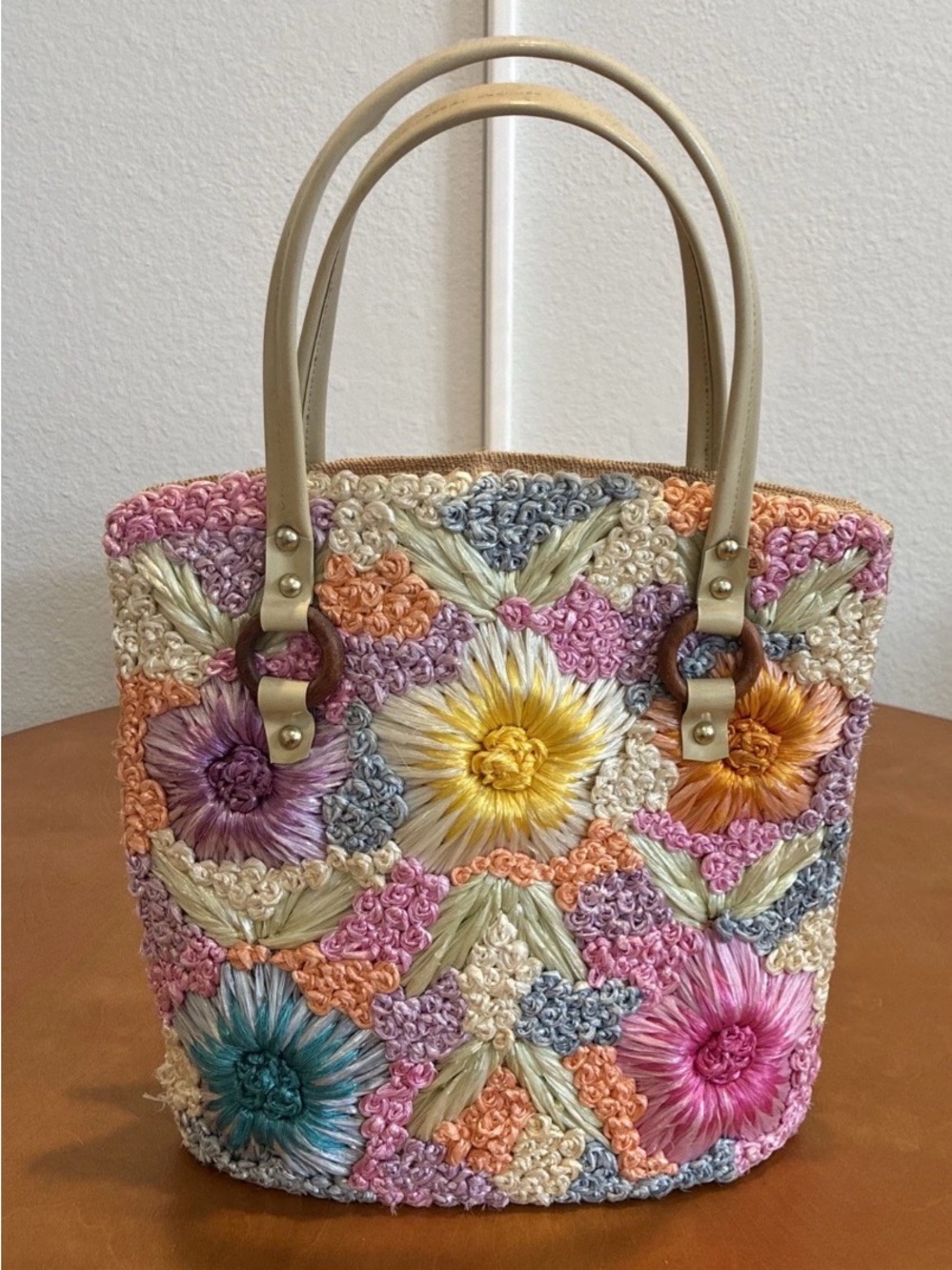 Vintage Multicolor Floral Tote with Cream Handles—Cabana 1960’s-70’s